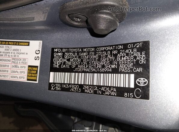 JTDEPMAE5MJ168994 2021 TOYOTA LL Light Blue Engine compartment view