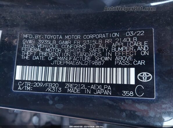 JTDEPMAE6NJ219887 2022 TOYOTA LL Black 