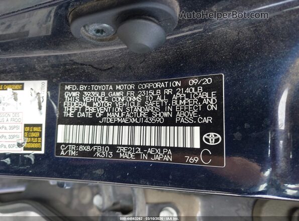 JTDEPMAEXMJ143590 2021 TOYOTA LL Blue ძრავის განყოფილების ხედი