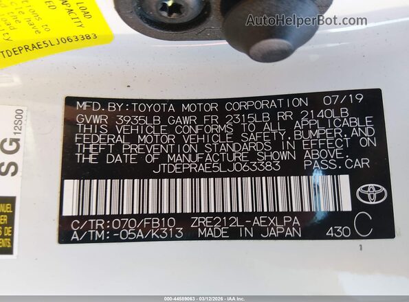 JTDEPRAE5LJ063383 2020 TOYOTA LL White Engine compartment view