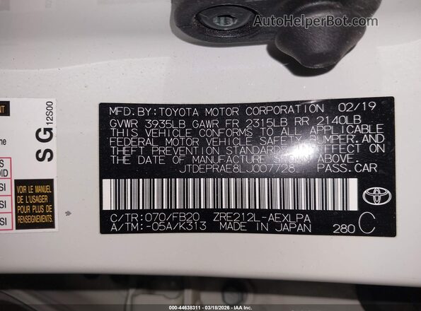 JTDEPRAE8LJ007728 2020 TOYOTA LL Белый Вид подкапотного пространства