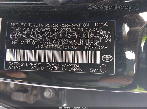 JTDKAMFP5M3181702 2021 TOYOTA LE Black Вид підкапотного простору