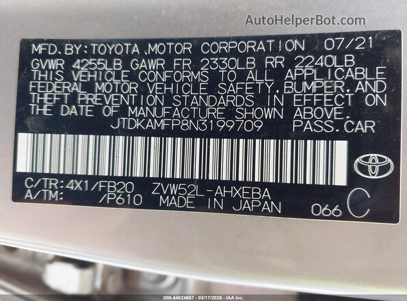 JTDKAMFP8N3199709 2022 TOYOTA LE Silver Vista del compartimento del motor