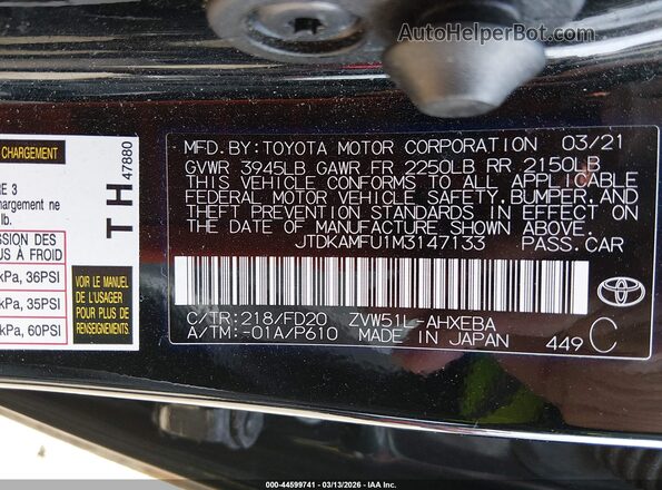 JTDKAMFU1M3147133 2021 TOYOTA LE Черный Вид подкапотного пространства