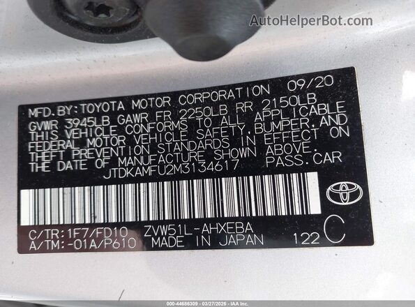 JTDKAMFU2M3134617 2021 TOYOTA LE Silver Շարժիչի բաժամունքի տեսք