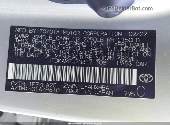 JTDKAMFU7N3171308 2022 TOYOTA PRIUS Silver Vista del compartimento del motor