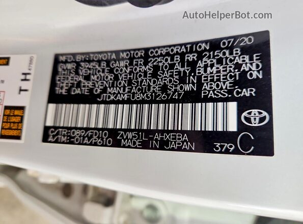 JTDKAMFU8M3126747 2021 TOYOTA PRIUS White Շարժիչի բաժամունքի տեսք