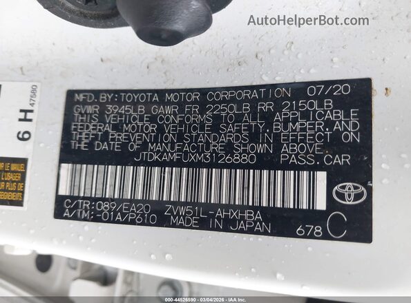 JTDKAMFUXM3126880 2021 TOYOTA PRIUS White Widok komory silnika
