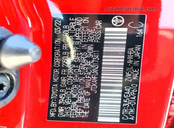 JTDKAMFUXN3173411 2022 TOYOTA PRIUS Red Vista del compartimento del motor