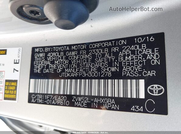 JTDKARFP3H3001278 2017 TOYOTA PRIUS PRIME Silver Vista del compartimento del motor