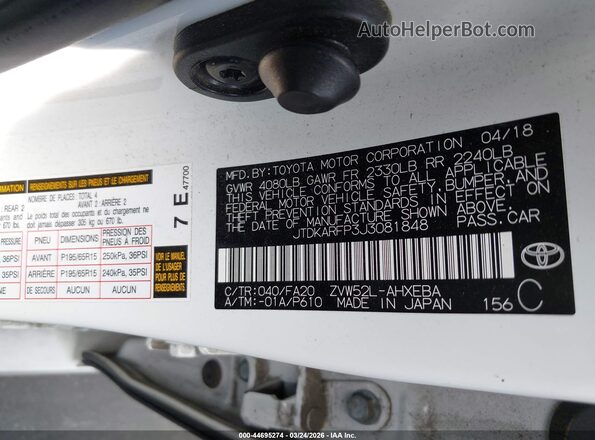 JTDKARFP3J3081848 2018 TOYOTA PRIUS PRIME White Widok komory silnika