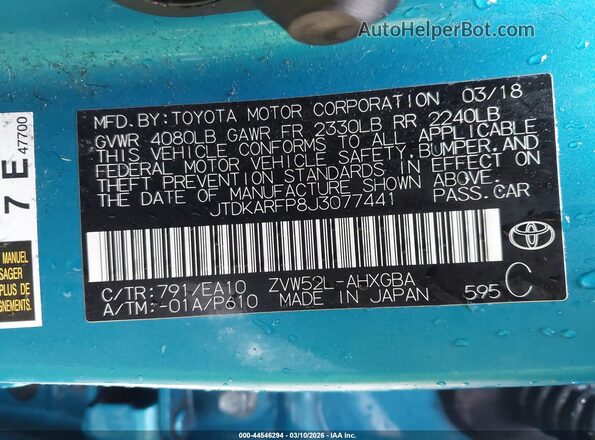 JTDKARFP8J3077441 2018 TOYOTA PRIUS PRIME Teal 