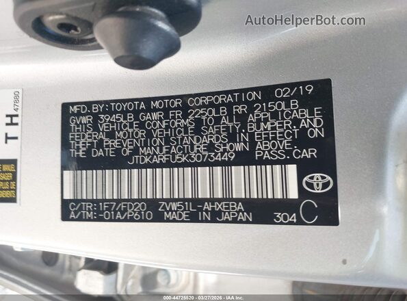 JTDKARFU5K3073449 2019 TOYOTA LE Silver 