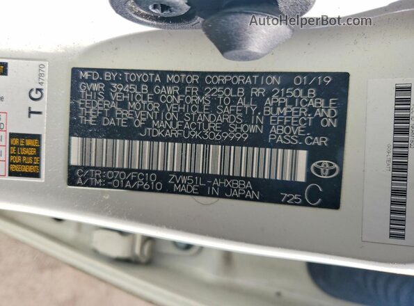 JTDKARFU9K3069999 2019 TOYOTA PRIUS White 