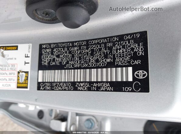 JTDL9RFUXK3007007 2019 TOYOTA LE Silver 