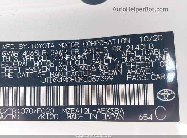 JTDS4MCE0MJ067399 2021 TOYOTA LL White Շարժիչի բաժամունքի տեսք
