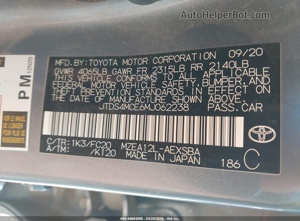 JTDS4MCE6MJ062238 2021 TOYOTA LL Gray Вид підкапотного простору