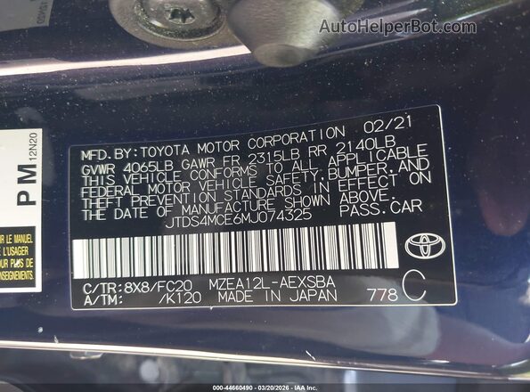 JTDS4MCE6MJ074325 2021 TOYOTA LL Blue Vista del compartimento del motor
