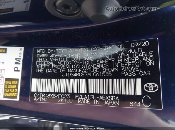 JTDS4MCE7MJ061535 2021 TOYOTA LL Blue Вид підкапотного простору
