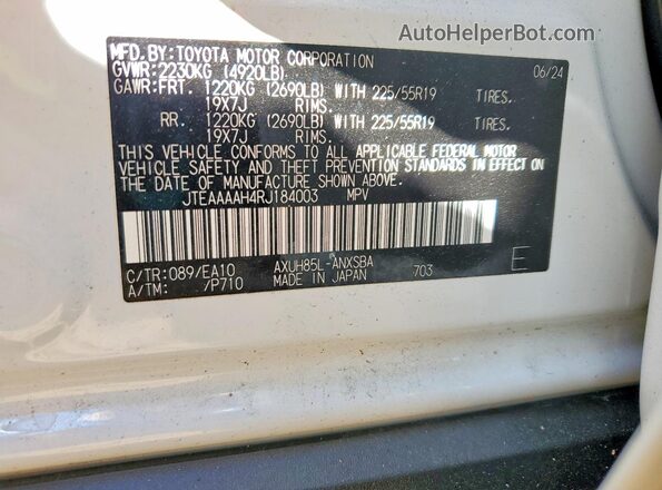 JTEAAAAH4RJ184003 2024 TOYOTA VENZA Белый Вид наклейки с VIN-кодом