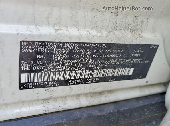 JTEAAAAHXMJ064196 2021 TOYOTA LIMITED White Widok wnętrza 360 stopni