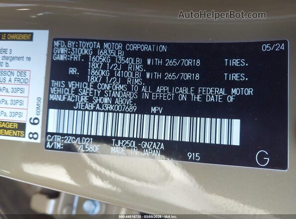 JTEABFAJ3RK007689 2024 TOYOTA LAND CRUISER Tan Вид підкапотного простору