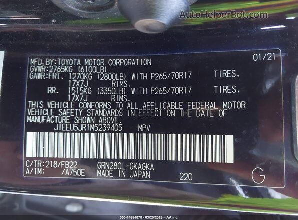 JTEEU5JR1M5239405 2021 TOYOTA 4RUNNER Black Widok komory silnika
