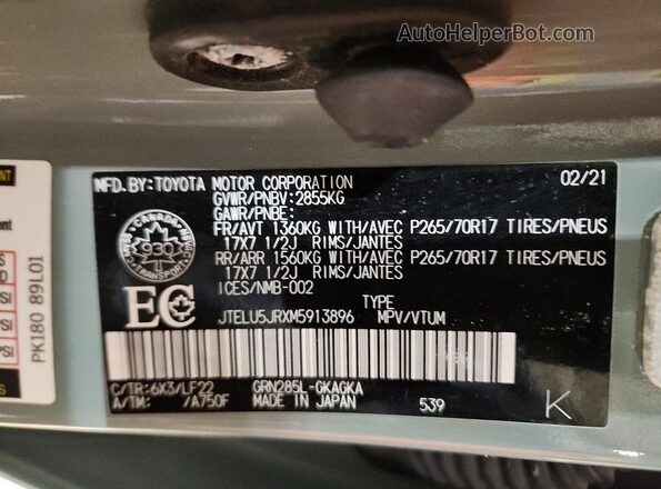 JTELU5JRXM5913896 2021 TOYOTA 4RUNNER Green VIN კოდის სტიკერის ხედი