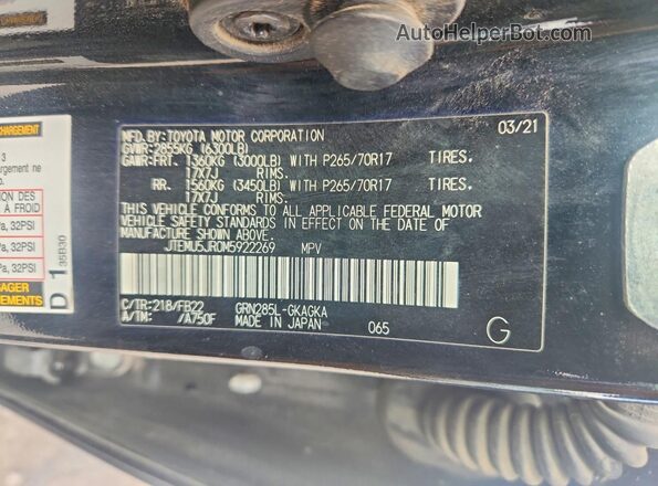 JTEMU5JR0M5922269 2021 TOYOTA 4RUNNER Gray VIN კოდის სტიკერის ხედი