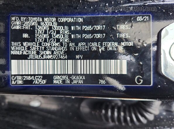 JTERU5JR4M5927464 2021 TOYOTA 4RUNNER Black Widok naklejki z numerem VIN