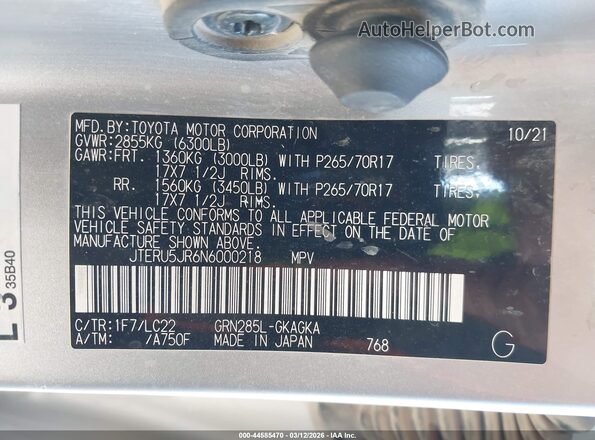 JTERU5JR6N6000218 2022 TOYOTA 4RUNNER Silver Engine compartment view