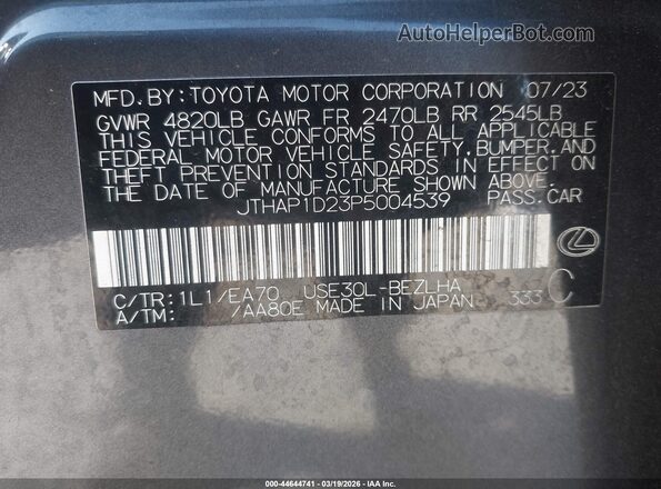 JTHAP1D23P5004539 2023 LEXUS IS 500 Gray 