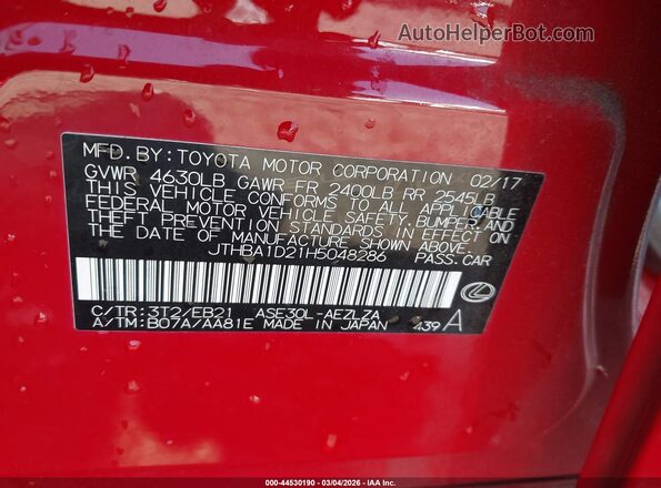 JTHBA1D21H5048286 2017 LEXUS IS 200T Red Widok komory silnika