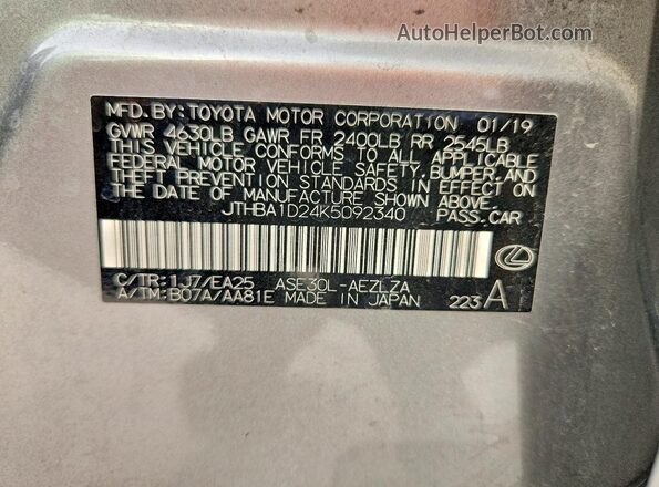 JTHBA1D24K5092340 2019 LEXUS IS Серебряный 