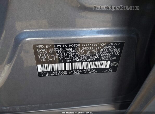 JTHBA1D24K5092693 2019 LEXUS IS 300 Gray ძრავის განყოფილების ხედი