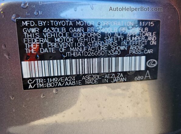 JTHBA1D26G5013340 2016 LEXUS IS Gray VIN sticker view
