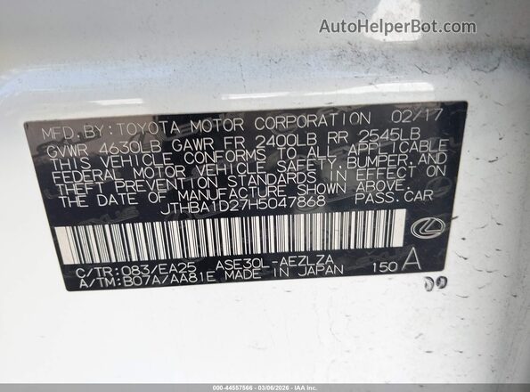 JTHBA1D27H5047868 2017 LEXUS IS 200T White Engine compartment view