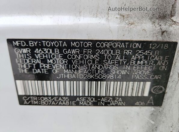 JTHBA1D28K5089814 2019 LEXUS IS White 