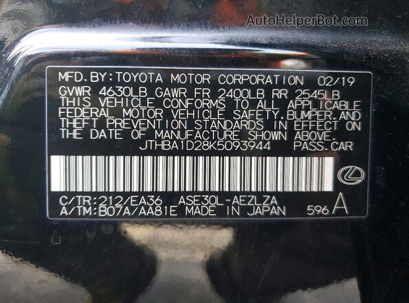 JTHBA1D28K5093944 2019 LEXUS IS Black 