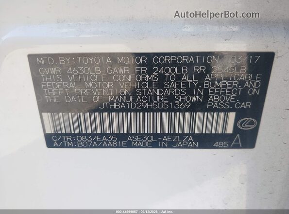 JTHBA1D29H5051369 2017 LEXUS IS 200T White Շարժիչի բաժամունքի տեսք