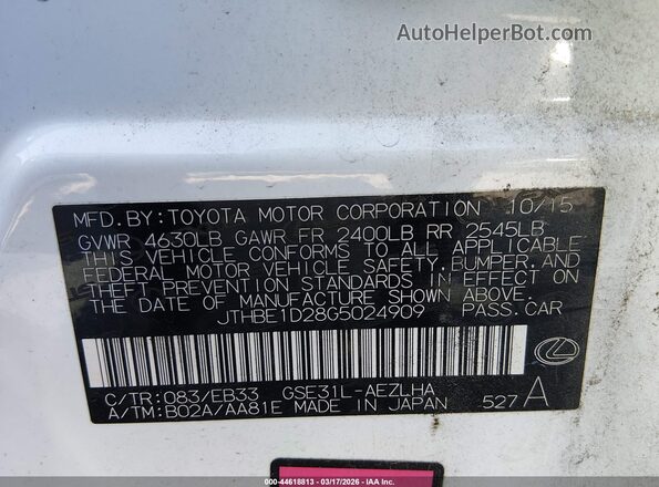 JTHBE1D28G5024909 2016 LEXUS IS 350 White Engine compartment view