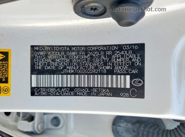 JTHBK1GG2G2242118 2016 LEXUS ES White Vista de la etiqueta del VIN