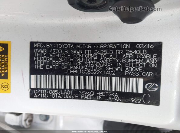 JTHBK1GG5G2241402 2016 LEXUS ES350 White 