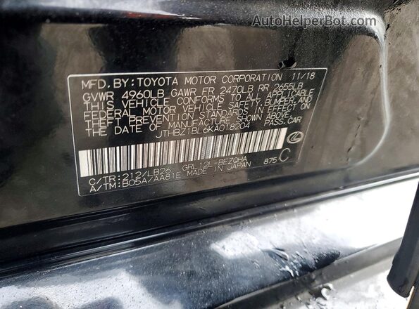 JTHBZ1BL6KA018204 2019 LEXUS GS Black Vista de la etiqueta del VIN