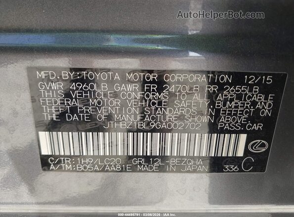 JTHBZ1BL9GA002702 2016 LEXUS GS 350 Gray Vista del compartimento del motor