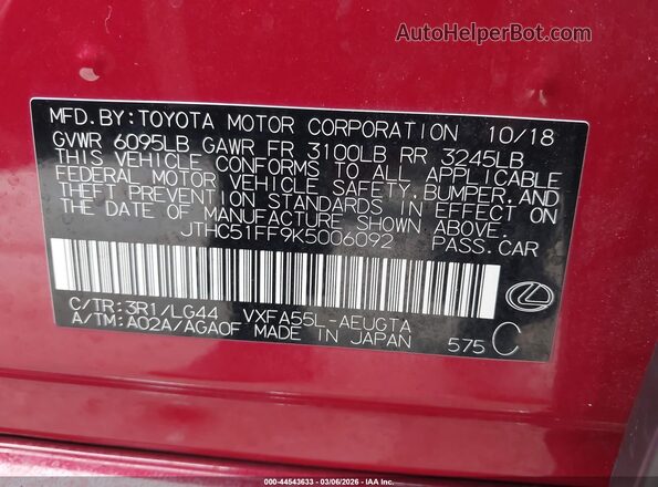 JTHC51FF9K5006092 2019 LEXUS LS 500 Red Widok komory silnika