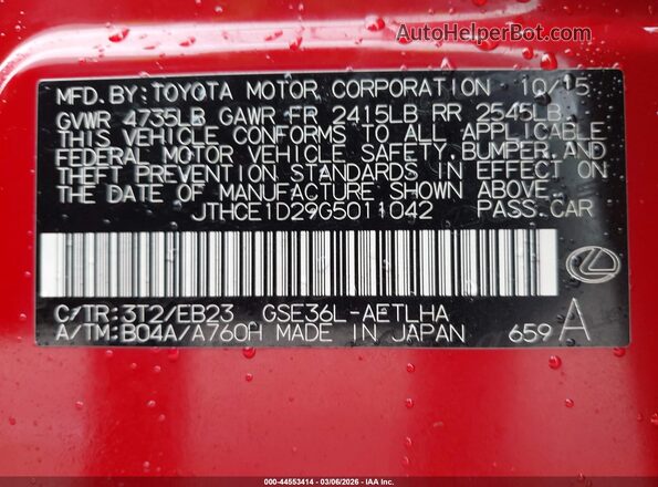 JTHCE1D29G5011042 2016 LEXUS IS 350 Red Vista del compartimento del motor