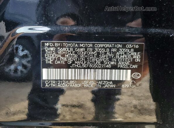 JTHCL5EF8G5027148 2016 LEXUS LS Black Vista de la etiqueta del VIN
