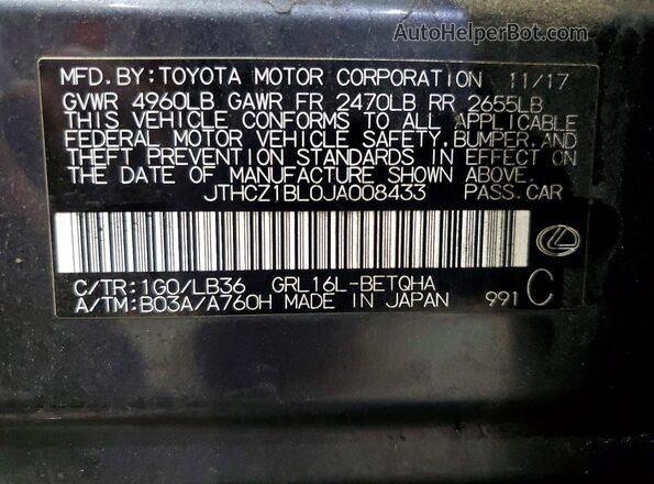 JTHCZ1BL0JA008433 2018 LEXUS GS Gray Widok naklejki z numerem VIN