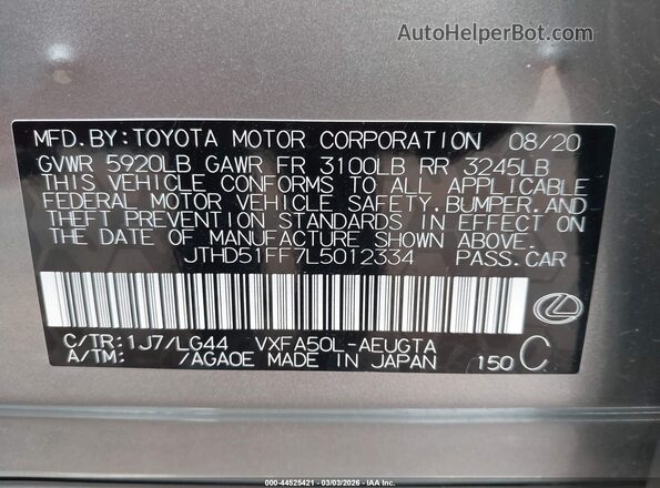 JTHD51FF7L5012334 2020 LEXUS LS 500 Silver Widok komory silnika